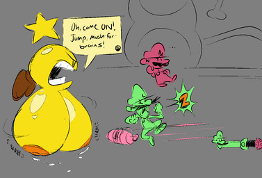 angry areola big_breasts bodily_fluids breasts clothing dialogue exclamation_point female footwear group hat headgear headwear huge_breasts lactating male milk nipples non-mammal_nipples not_furry open_mouth orange_areola orange_nipples overalls shoes speech_bubble text trio yellow_body riorosa mario_and_luigi_(series) mario_bros nintendo luigi mario starlow human mammal star_sprite 2025 digital_media_(artwork) english_text