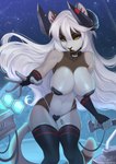 5_fingers anthro big_breasts breasts detailed_background eyebrows eyelashes female fingers hair horn midriff navel night outside sky solo star starry_sky tail white_hair sorafoxyteils r34h felid feline mammal hi_res