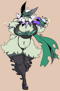 alternative_fashion anthro barbell_piercing big_breasts black_claws black_clothing black_footwear black_shoes bracelet breasts claws clothing collar crotch_tuft ear_piercing eyelashes female female_anthro footwear fur green_body green_fur jewelry long_eyelashes mane navel navel_piercing nipple_outline nipple_piercing nipples piercing piercing_outline punk purple_eyes shoes solo spiked_bracelet spiked_collar spikes tuft white_mane wide_hips jinti nintendo pokemon generation_9_pokemon meowscarada pokemon_(species)