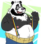 anthro beard belly black_body bottomwear clothing cute_fangs eyewear facial_hair fangs glasses humanoid_hands male moobs multicolored_clothing navel nipples overweight overweight_male pants rainbow_clothing solo suspenders teeth white_body gabshiba bear giant_panda mammal 2016