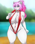 anthro big_breasts bikini blush breasts clothing female food hair huge_breasts nipple_outline one-piece_swimsuit pink_hair popsicle sling_bikini solo swimwear two-piece_swimsuit white_body matypup sharon_(dtripper) bear koala mammal marsupial vombatiform 4:5 hi_res