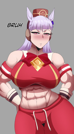 abs bottomwear bow_ribbon camel_toe clothed clothing crop_top eyebrows female hair light_body light_skin long_hair looking_at_viewer midriff muscular muscular_female muscular_humanoid pants raised_eyebrow red_eyes ribbons shirt sweatpants topwear sly_shadex cygames uma_musume_pretty_derby gold_ship_(pretty_derby) animal_humanoid equid equid_humanoid equine equine_humanoid humanoid mammal mammal_humanoid hi_res