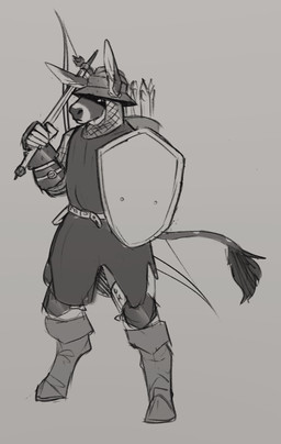 anthro armor arrow_(weapon) bow_(weapon) clothed clothing headgear helmet holding_object holding_shield holding_weapon male male_anthro mouth_closed quiver_(object) ranged_weapon shield simple_background solo standing tail tail_tuft tuft weapon jezzlen chuy_(jezzlen) asinus donkey equid equine mammal full-length_portrait hi_res monochrome portrait sketch