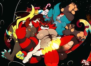 abs anthro anus balls black_body black_fur blue_body blue_fur blue_markings blue_pawpads blush butt candy candy_cane carrying_another cheek_tuft dessert dreadlocks erection facial_tuft fire_belt food fur genitals grey_body grey_fur group holidays humanoid_genitalia humanoid_penis male male/male markings multicolored_body multicolored_fur muscle_tone muscular muscular_anthro muscular_male pawpads paws pecs penis perineum pink_pawpads red_body red_fur shoulder_carry smile smirk smug smug_face smug_grin trio tuft two_tone_body two_tone_fur vein veiny_penis wide_eyed yellow_body yellow_fur yellow_sclera dustythebat christmas nintendo pokemon generation_4_pokemon generation_7_pokemon incineroar legendary_pokemon lucario pokemon_(species) zeraora absurd_res hi_res