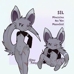 accessory anthro big_ears clothed clothing dipstick_tail erection facial_scar feet flaccid foreskin fur furgonomics genitals grey_body grey_fur half_blind hand_on_hip jewelry male markings notched_ear partially_clothed penis ring scar sitting smile solo standing tail tail_accessory tail_jewelry tail_markings tail_ring eepy_donkey nintendo pokemon sil_(eepy_donkey) generation_5_pokemon minccino pokemon_(species) 1:1 hi_res