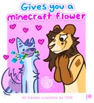 anthro belly blue_body blue_flower blue_fur blue_hair blue_markings brown_body brown_fur brown_hair canid canine cheek_tuft chest_tuft comic dot_eyes duo english_text facial_tuft felid female flower fox fur green_markings hair heart_symbol hi_res humor larger_female lgbt lion luckfoxo33 male mame mammal mane mane_hair markings meme microsoft minecraft mojang pantherine partners pink_background plant purple_body purple_fur relationship relationship_goals romantic romantic_couple shitpost silly silly_face simple_background size_difference smaller_male smile speech_bubble tail tail_motion tailwag tan_body tan_fur tatum_koenig text tolng trans_(lore) trans_man_(lore) trans_woman_(lore) tuft white_belly xbox_game_studios