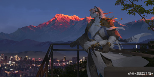 anthro biped cheek_tuft city clothed clothing facial_tuft fur hair holding_melee_weapon holding_object holding_sword holding_weapon male male_anthro melee_weapon mountain mouth_closed neck_tuft night outside red_eyes short_hair side_view solo standing sword tuft weapon white_body white_fur white_hair awaldkize canid canine mammal 2024 absurd_res dated hi_res