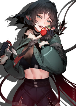 apple belt black_bottomwear black_clothing black_fingerless_gloves black_gloves black_hair black_handwear black_shorts blue_eyes blush blush_lines bottomwear breasts choker clothed clothing crop_top female fingerless_gloves food fruit gloves grey_clothing grey_jacket grey_topwear hair handwear holding_apple holding_food holding_fruit holding_knife holding_object jacket jewelry knife long_hair long_tail looking_at_viewer medium_breasts midriff navel_line necklace necktie open_clothing open_jacket open_topwear plant pointy_ears shirt shorts simple_background smile smiling_at_viewer solo spade_tail tail topwear white_background shengtaki mihoyo zenless_zone_zero jane_doe_(zenless_zone_zero) animal_humanoid humanoid mammal mammal_humanoid murid murid_humanoid murine murine_humanoid rat_humanoid rodent rodent_humanoid thiren digital_drawing_(artwork) digital_media_(artwork) hi_res watermark