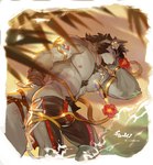 anthro beach bulge flower fur grey_body grey_fur leaf male muscular muscular_anthro muscular_male pink_nose plant pubes sea sleeping solo tail water ciloh canid canine canis mammal wolf 2024 colored signature