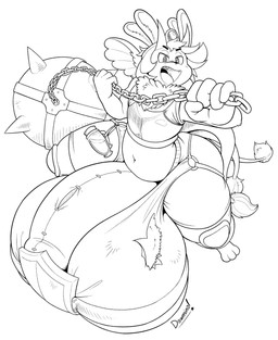 anthro armor balls big_balls big_penis bulge chest_tuft clothing flail genitals horn huge_balls huge_penis hyper hyper_balls hyper_genitalia hyper_penis male melee_weapon multi_ear multi_tail multifur penis potion shield slightly_chubby solo tail torn_clothing tuft weapon wide_hips dawmino bun_(bigbunbutt) hybrid lagomorph leporid mammal rabbit digital_media_(artwork) hi_res line_art monochrome