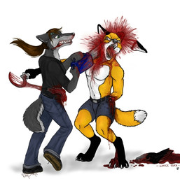 1_missing_limb amputation amputee anthro blood bodily_fluids chainsaw clenched_teeth clothed clothing digitigrade disability disembowelment dismemberment duo female gore gun guts hair intestines male missing_arm missing_ear missing_hand open_mouth organs plantigrade ponytail power_tool ranged_weapon sickle tail teeth tools topless weapon unknown_artist lancefoxx canid canine canis fox mammal wolf