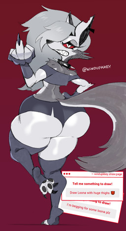 anthro big_butt butt clothed clothing female fur gesture grey_body grey_fur grey_hair hair hand_gesture huge_butt huge_thighs looking_at_viewer looking_back looking_back_at_viewer middle_finger pawpads paws simple_background solo thick_thighs windupkkey hellaverse helluva_boss mythology loona_(helluva_boss) canid canid_demon canine demon hellhound mammal mythological_canine mythological_creature 2026 hi_res