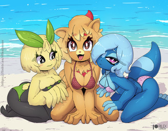 anthro beach big_breasts bikini blue_body blue_hair blush breasts clothing cute_fangs fangs female group hair looking_at_viewer open_mouth swimwear teeth tongue tongue_out trio two-piece_swimsuit rilex_lenov nintendo pokemon pokemon_winds_and_waves browt gecqua generation_10_pokemon pokemon_(species) pombon 2026