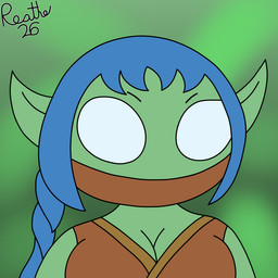black_eyebrows blue_hair breasts brown_clothing brown_topwear clothing eyebrows female green_background green_body green_ears hair humanoid_pointy_ears no_pupils not_furry pointy_ears ponytail simple_background solo topwear white_eyes reathe activision skylanders stealth_elf_(skylanders) elf humanoid 1:1 2026 bust_portrait colored digital_media_(artwork) flat_colors portrait signature
