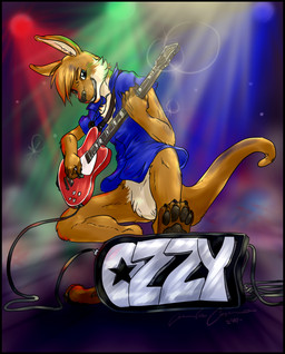 anthro black_border border bottomless brown_body brown_fur brown_hair claws clothed clothing electric_guitar fur guitar hair legs_up lights looking_at_viewer male musical_instrument paws playing_guitar playing_music plucked_string_instrument shirt smile solo string_instrument teeth text toe_claws topwear white_body white_fur blizzieart ozzy_(ozzytheroo) kangaroo macropod mammal marsupial 2011 character_badge_(artwork) digital_media_(artwork) english_text