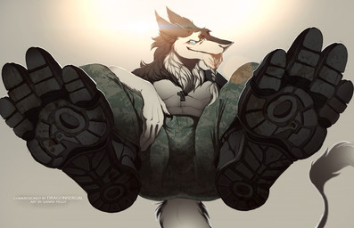 4_fingers 4_toes anthro beard black_body black_fur boots bottomwear bulge clothed clothing facial_hair feet fingers first_person_view foot_focus footwear fur male muscular muscular_anthro muscular_male pants pawpads paws plantigrade shoes smile solo sun tail text toes topless white_body white_fur gannypiggy bran_(revenantdragon) sergal 2016 digital_media_(artwork) english_text