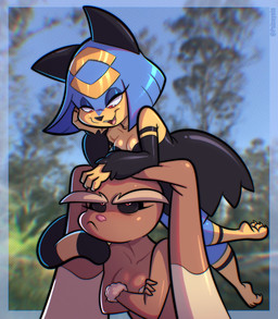 anthro black_sclera blue_hair breasts brown_body clothed clothed_female clothing collarbone crossed_arms duo eyelashes feet female hair nude pouting red_eyes soles yellow_body psicoyote nintendo palworld pocketpair pokemon felid feline generation_4_pokemon lagomorph leporid lopunny mammal pal_(species) pokemon_(species) sekhmet_(pal) 2026 absurd_res hi_res