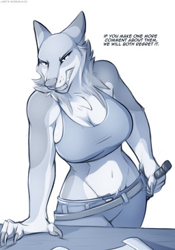 after_transformation angry anthro belt big_breasts bottomwear breasts claw_marks claws cleavage clenched_teeth clothed clothing crop_top dialogue fangs female huge_breasts implied_gender_transformation knife pants sheathed_knife shirt solo solo_focus teeth topwear wide_hips lizet mythology vera_(lizet) canid canine canis mammal mythological_canine mythological_creature werecanid werecanine werecreature werewolf wolf digital_drawing_(artwork) digital_media_(artwork) hi_res