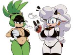 accessory anthro bell bell_collar big_breasts bikini black_bikini black_body black_clothing black_fur black_horn black_nose black_swimwear blue_eyes breasts brown_clothing brown_gloves brown_handwear clothing collar countershade_face countershading dialogue duo ear_piercing ears_down eyelashes facial_markings female fingerless_gloves front_view fur gesture gloves green_body green_fur grey_body grey_fur hair hair_accessory hair_tie hand_gesture handwear head_markings head_tuft horn looking_at_viewer markings navel open_mouth open_smile piercing pink_nose pivoted_ears simple_background smile speech_bubble studded_hair_tie swimwear talking_to_viewer tan_body tan_fur text thick_thighs tied_hair tuft two-piece_swimsuit under_boob v_sign white_background white_clothing white_gloves white_handwear wide_hips supergal64 idw_publishing sega sonic_the_hedgehog_(comics) sonic_the_hedgehog_(idw) sonic_the_hedgehog_(series) lanolin_the_sheep_(sonic) surge_the_tenrec afrosoricid bovid caprine mammal sheep tenrec absurd_res hi_res