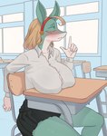 anthro areola_outline big_breasts blonde_hair blush bottomwear breasts classroom clothing dress_shirt eyes_closed female hair huge_breasts multicolored_body school school_desk shirt sitting skirt solo topwear two_tone_body haolksou my_hero_academia ippan_josei mammal quirked_human_(my_hero_academia) 2024 hi_res