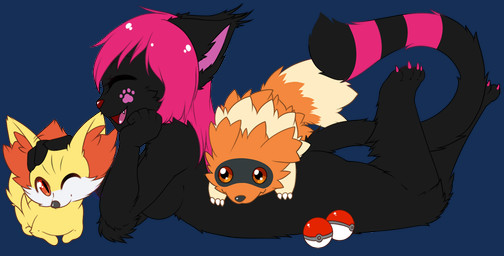 anthro female feral group lying nude on_front open_mouth simple_background smile transparent_background lovelesskiax nintendo pokemon canid canine felid fennekin generation_3_pokemon generation_6_pokemon mammal pokemon_(species) zigzagoon alpha_channel
