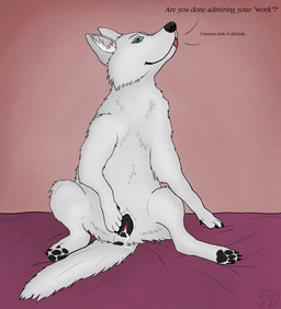 after_sex after_vaginal animal_genitalia animal_vulva anus bed bed_sheet bedding bedroom bedroom_eyes black_genitals blep blue_eyes bodily_fluids canine_genitalia canine_vulva claws clitoris cum cum_drip cum_inside dripping female feral fur furniture genital_fluids genitals leaking_cum looking_at_viewer narrowed_eyes on_bed paws presenting seductive sitting sitting_on_bed smile smirk solo spread_vulva spreading text toe_claws tongue tongue_out touching_vulva vulva white_body white_fur maklykan canid canine canis domestic_dog husky mammal nordic_sled_dog spitz english_text hi_res