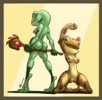 anthro border breasts butt clitoris duo female genitals kneeling looking_at_viewer nipples non-mammal_breasts nude one_eye_closed pose pussy side_boob staff wink yellow_border bassybefuddle conditional_dnp kulipari coorah quoba amphibian frog hi_res