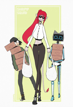 beanie belt big_breasts black_hair bottomwear box breasts button_(fastener) cardboard cardboard_box choker cleavage clothed clothing collared_shirt container crop_top denim denim_bottomwear denim_clothing dress_shirt eyewear female footwear fully_clothed glasses grin grinning_at_viewer group hair hat headgear headwear holding_bag holding_box holding_container holding_object humanoid_pointy_ears jacket jeans jewelry larger_female long_ponytail looking_at_viewer male navel necklace pants pebble pointy_ears ponytail red_hair round_glasses sagging_breasts screen screen_face shirt shocked shoelaces shoes shopping_bag size_difference smile smiling_at_viewer sneakers straining_buttons sunglasses tail text topwear trio tripping walking wearing_glasses wearing_sunglasses whiskers osokamu voices_of_the_void argemia dr._kel kerfur_omega_(votv) aquatic ariral arthropod crustacean domestic_cat felid feline felis human mammal robot_anthro shrimp 2026 digital_drawing_(artwork) digital_media_(artwork) english_text hi_res