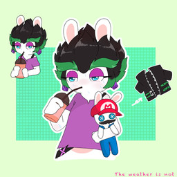 amethyst_(gem) anthro arms_bent belt beverage black_clothing black_hair black_jacket black_topwear blue_eyes bodily_fluids clothing container cup drinking drinking_straw ear_piercing eyebrows eyelashes female fur gem green_background green_belt green_eyebrows green_hair hair half-closed_eyes holding_beverage holding_container holding_cup holding_object holding_plushie jacket light long_ears mitten_hands multicolored_hair narrowed_eyes outline piercing plushie purple_clothing purple_ear_piercing purple_eyelids purple_shirt purple_topwear rectangle shirt simple_background solo spiky_hair sweat sweaty_arms sweaty_face tan_body tan_inner_ear tan_skin text thick_eyebrows topwear torn_clothing torn_shirt torn_topwear two_tone_hair white_body white_fur white_outline peypey_mei1925 mario_bros mario_plus_rabbids_kingdom_battle mario_plus_rabbids_sparks_of_hope nintendo raving_rabbids rayman_(series) ubisoft edge_(mario_plus_rabbids) rabbid_mario lagomorph mammal rabbid 1:1 2024 colored crossover digital_drawing_(artwork) digital_media_(artwork) english_description english_text hi_res lighting multiple_scenes