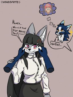 :3 affectionate arm_grab big_breasts big_ears big_eyes black_bottomwear black_clothing black_hair black_skirt blue_body blue_fur blush blush_lines bottomwear breasts cheek_pinch christian_cross christian_symbol cigarette clothing collared_shirt cross cross-popping_vein disembodied_hand disembodied_head duo ellipsis eyebrows eyelashes female fluffy fluffy_tail frustrated fur grey_body grey_fur hair humanoid_hands inner_ear_fluff long_hair looking_at_another looking_at_viewer love male male/female open_mouth orange_eyes piercing question_mark red_eyes religion religious_symbol romantic romantic_couple screencap shirt simple_background skirt smoking snout sparkles speech_bubble star_(mario_bros) tail thought_bubble topwear tuft video_game_reference white_body white_clothing white_fur white_glove white_sclera white_shirt white_topwear wingsprite christianity mario_bros nintendo super_mario_64 himezawa_lawchi luzenith_lawchi mario canid canine canis dire_wolf mammal prehistoric_species wolf 2025 digital_drawing_(artwork) digital_media_(artwork) watermark