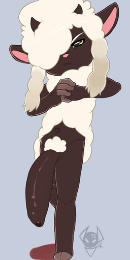 angry anthro anthrofied bangs big_penis black_eyes braided_hair brown_body brown_skin flaccid fluffy fluffy_hair foreskin fur genitals hair hair_over_eye hooves horn huge_penis long_bangs male one_eye_obstructed penis pink_nose pokemorph pose pubes small_but_hung solo littlerager nintendo pokemon bovid caprine generation_8_pokemon mammal pokemon_(species) wooloo hi_res