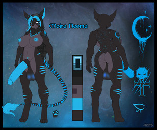anthro arm_tattoo balls belly_tattoo big_breasts black_border blind_eye blue_body blue_eyes blue_fur blue_hair border breasts chest_tuft claws ear_piercing eye_tattoo facial_tattoo front_view fur fur_markings genitals glowing glowing_genitalia glowing_penis grey_body grey_fur gynomorph hair highlights_(coloring) intersex light long_hair long_tail markings moon moonlight muscular muscular_anthro name_tag nipple_piercing nipples nude paws penis piercing rear_view solo space striped_body striped_markings striped_tail stripes tail tail_markings tattoo text tuft roadiesky mythology moira_neoma_(xxsnipeznawe) dragon felid hybrid mammal mythological_creature mythological_scalie pantherine scalie 2025 absurd_res character_name digital_media_(artwork) hi_res model_sheet