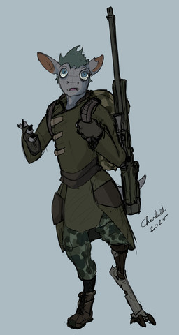4_fingers anthro backpack boots bottomwear camo camo_bottomwear camo_clothing camo_pants camo_print clothed clothing coat cybernetic_leg cybernetic_limb digitigrade fingerless_gloves fingers footwear furgonomic_footwear furgonomics gloves grey_eyes grey_hair gun hair handwear male notched_ear pants pattern_bottomwear pattern_clothing pattern_pants ranged_weapon rifle shoes simple_background sniper_rifle solo tired topwear weapon charbold project_silverfish inheritor lizard reptile scalie 2025 guide_lines hi_res signature