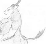 anthro big_breasts breasts female horn huge_breasts nipples nude solo neosavias antelope bovid mammal springbok true_antelope hi_res monochrome sketch