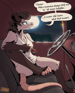 4_toes anthro barefoot blue_eyes bottomless breasts casual_exposure cigarette cleavage clothed clothing dialogue feet female fur grey_body grey_fur inside_vehicle looking_aside night open_mouth paws plantigrade shirt shirt_only sitting solo text toes tomboy topwear topwear_only white_body white_fur posspowered bonnie_vale_(posspowered) american_opossum mammal marsupial virginia_opossum 4:5 comic english_text hi_res