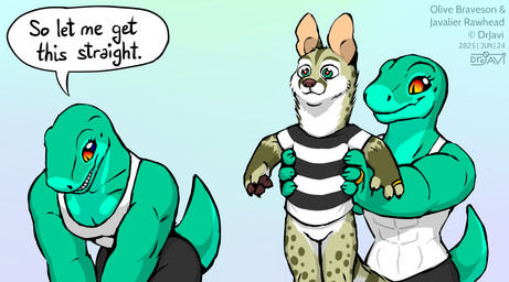 4_fingers anthro black_sclera carrying_another carrying_partner clothed clothing dialogue digit_ring duo featureless_crotch female fingers green_body jewelry larger_female lgbt_pride logo male married_couple muscular muscular_anthro muscular_female orange_eyes pattern_clothing pattern_shirt pattern_topwear pawpads red_eyes ring shirt simple_background size_difference smaller_male speech_bubble striped_clothing striped_shirt striped_topwear stripes tank_top text topwear wedding_ring drjavi lgbt_pride_month javalier_rawhead dinosaur genet mammal prehistoric_species reptile scalie theropod tyrannosaurid tyrannosauroid tyrannosaurus tyrannosaurus_rex viverrid 2025 artist_logo dated english_text hi_res nonbinary_(lore)