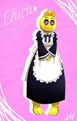 ambiguous_gender beak bow_(feature) bow_in_front bow_tie clothing costume dress head_tuft looking_aside machine maid_uniform purple_eyes smile solo text tuft uniform yellow_body ill825_(artist) five_nights_at_freddy's scottgames chica_(fnaf) animatronic avian bird chicken galliform phasianid robot 2015 english_text