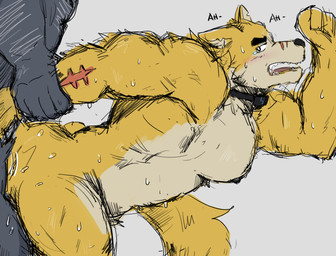 anal anthro bodily_fluids duo fur male male/male moan muscular nipples questionable_consent scar sweat tears yellow_body yellow_fur infernus_(artist) remember_the_flowers cooper_krager king_stone canid canine canis mammal rhinoceros wolf hi_res