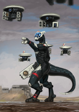 3_fingers anthro digitigrade fingers gesture gun hand_gesture looking_at_viewer machine male pointing ranged_weapon side_view solo standing tail weapon rhaenjarr games_workshop warhammer_(franchise) warhammer_40000 robot synth_(vader-san)