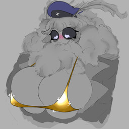 antennae_(anatomy) anthro big_breasts bikini blush breasts clothing female fluffy gold_bikini hat headgear headwear heart_eyes heart_symbol huge_breasts moth_antennae neck_tuft solo sparkles swimwear tuft two-piece_swimsuit byryndyk arthropod insect lepidopteran moth 1:1 absurd_res hi_res