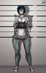 abs athletic big_breasts black_hair blue_eyes bottomwear bra breasts chart cleavage clothed clothing female footwear green_body green_skin grey_body grey_skin hair height_chart holding_object holding_sign imperial_unit jail_placard jewelry midriff mugshot muscular muscular_female navel necklace number placard police_lineup scar shoes short_hair shorts sign skimpy sneakers solo standing text underwear unit pumpkinsinclair zhaleh_(ghostofsmut) animal_humanoid fish fish_humanoid humanoid marine marine_humanoid shark shark_humanoid 2016 absurd_res english_text hi_res