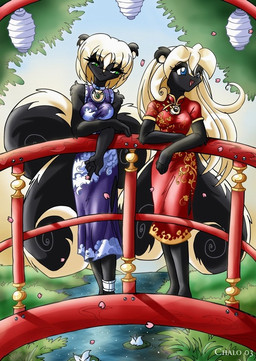 anthro biped blonde_hair blue_eyes breasts bridge clothed clothing detailed_background dress duo female flower green_eyes hair japanese lamp lantern lily_pad multi_tail paper_lantern plant river standing tail tree wood chalo mammal mephitid skunk 2003 digital_media_(artwork)