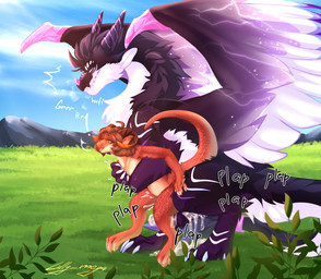 anthro black_body black_fur bodily_fluids breasts bulge claws cum cum_in_vagina cum_inflation cum_inside duo ear_piercing facial_horn feathered_wings feathers feet female female_penetrated feral field fur genital_fluids hair holding_breast horn industrial_piercing inflation male male/female male_penetrating male_penetrating_female mountain_background nose_horn nude open_mouth orange_body orange_scales penetration penile penile_penetration penis_in_vagina piercing purple_eyes scales sex sky skyscape smile tail teeth text toe_claws toes tongue vaginal vaginal_penetration white_body white_fur wings yellow_eyes lilly_mega mythology molten_(darkenwynder) velkoru dragon kobold mythological_creature mythological_scalie reptile scalie 2025 absurd_res colored digital_media_(artwork) hi_res