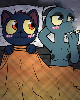after_sex after_sex_smoking bed blush breasts cigarette duo female female/female furniture nipples non-mammal_nipples nude on_bed smoking smoking_cigarette under_covers pokefound night_in_the_woods bea_santello mae_borowski domestic_cat felid feline felis mammal 4:5 hi_res