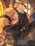 anthro anvil apron areola armband barazoku biceps big_muscles blacksmith clothed clothing eyebrows eyewear fur glasses gloves hammer handwear horn huge_muscles inside kemono low-angle_view male musclegut muscular muscular_anthro muscular_male nipples pecs pouch_(clothing) smithing solo standing steam thick_arms tools tuft yed bovid bovine cattle mammal 2024 absurd_res hi_res