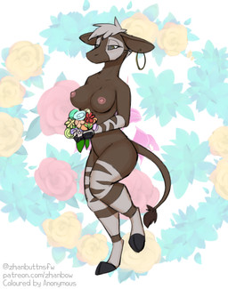 abstract_background anthro areola big_breasts bouquet breasts brown_body brown_fur ear_piercing ear_ring ears_down female flower fur grey_eyes holding_flower holding_object hooves light looking_down nipples nude piercing pivoted_ears plant ring_piercing smile solo standing striped_body stripes text unguligrade white_body white_fur zhanbow giraffid mammal okapi 2021 artist_name full-length_portrait hi_res lighting portrait shaded url