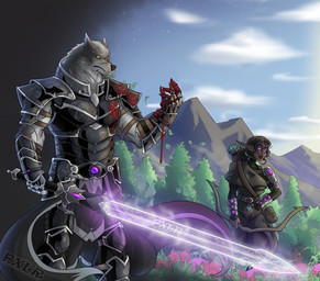 5_fingers armor biped blood bodily_fluids bow_(weapon) female fingers holding_melee_weapon holding_object holding_sword holding_weapon humanoid_hands male melee_weapon ranged_weapon sword weapon pxlr canid canine canis elf mammal wolf 2026 absurd_res hi_res
