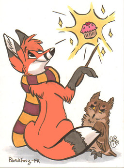 ambiguous_gender black_body black_fur black_nose brown_body brown_feathers clothing cupcake dipstick_tail duo eyebrows feathers feral food fur head_tuft holding_object holding_wand magic magic_user markings orange_body orange_fur pattern_clothing pattern_scarf paws scarf simple_background sitting smile snout striped_clothing striped_scarf stripes tail tail_markings tuft wand white_background white_body white_fur blondefoxy avian bird canid canine fox mammal owl red_fox true_fox 2011 shaded traditional_media_(artwork)