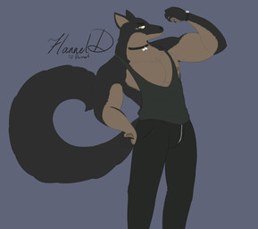 anthro black_body black_fur blush brown_body brown_fur collar flexing flexing_bicep fur looking_at_viewer loose_shirt male multicolored_body multicolored_fur solo visible_nipples flannel_(artist) valentino_(flannel) canid canine canis mammal wolf hi_res