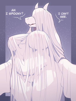 anthro bedsheet_ghost big_breasts breasts curvy_figure dialogue female fur ghost_costume horn mature_anthro mature_female nipples slightly_chubby solo standing text thick_thighs voluptuous voluptuous_anthro voluptuous_female white_body white_fur wide_hips desertkaiju undertale undertale_(series) toriel boss_monster_(undertale) bovid caprine mammal 2023 absurd_res english_text half-length_portrait hi_res portrait